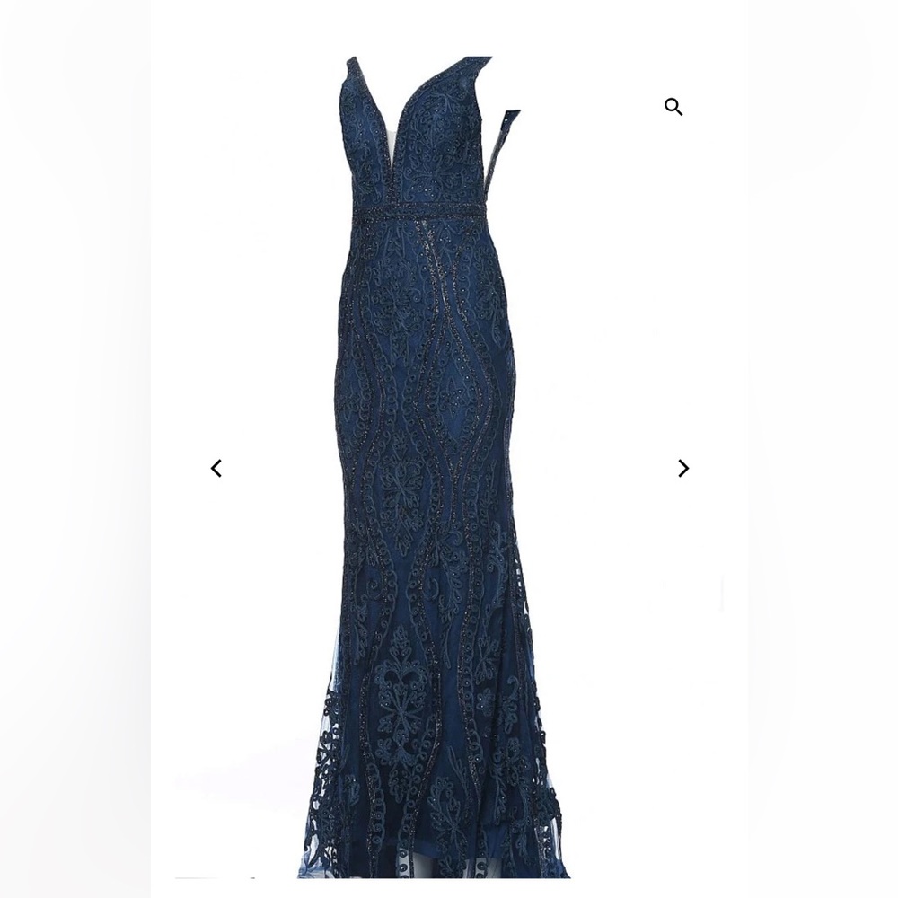 Navy blue prom dress JVN by jovani. Style JVN03112A. Beaded and embellished.